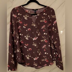FOREVER 21-Maroon Floral Long Sleeve Front Keyhole Flowy Sheer Top Sz MEDIUM